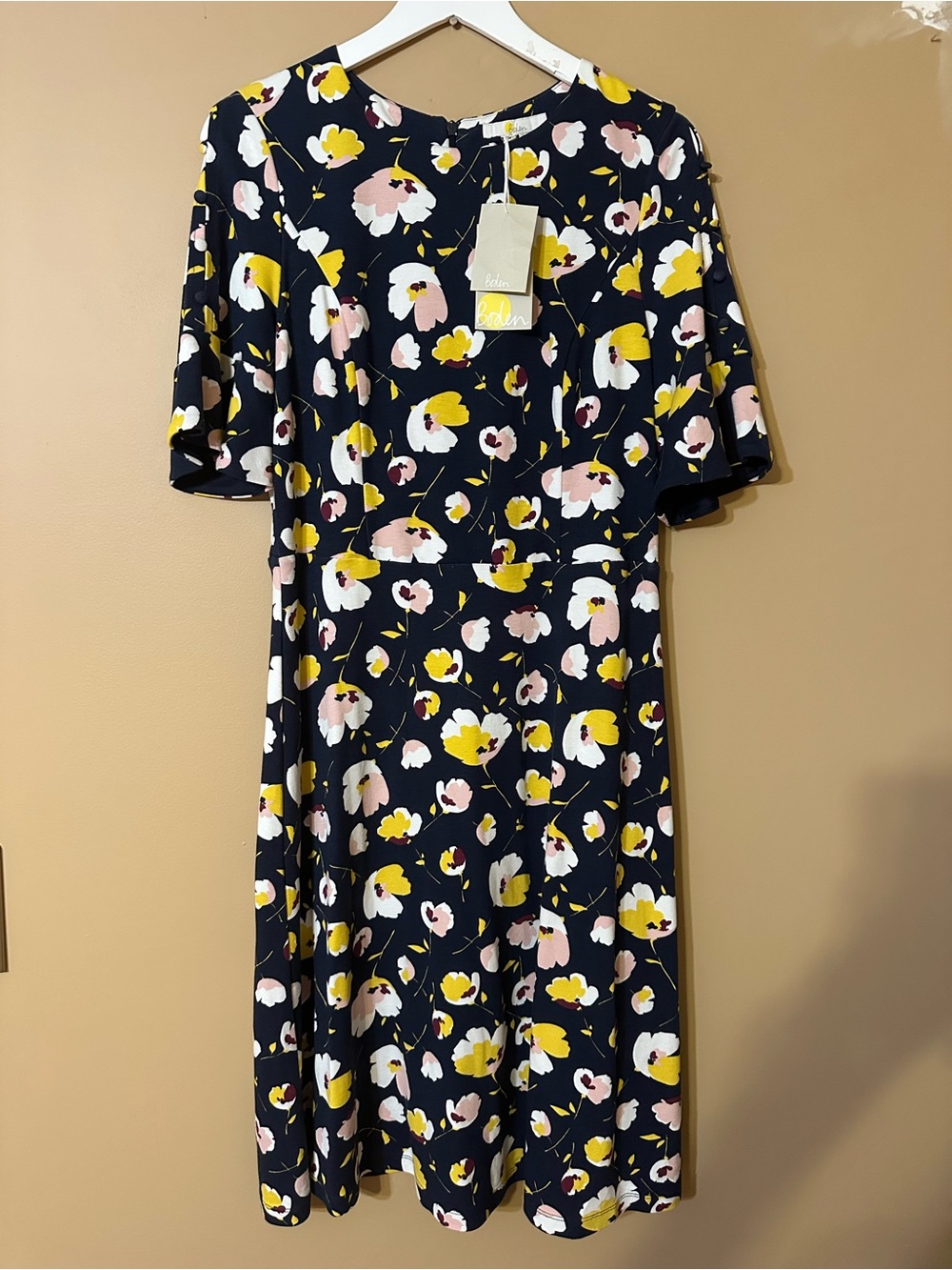 Boden Alexis Jersey Floral Fit & Flare Dress - Navy with Yellow & Pink Floral